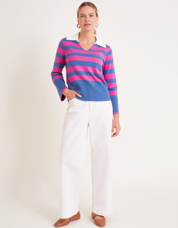 Monsoon Shay Stripe Collared Jumper Pink - Image 3