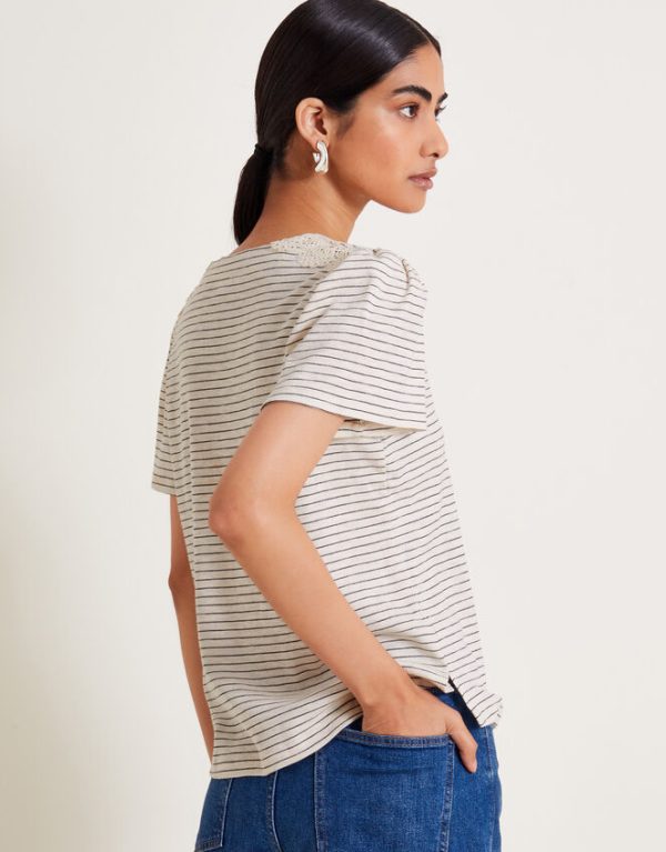 Monsoon Shay Stripe Lace T-Shirt Ivory - Image 3