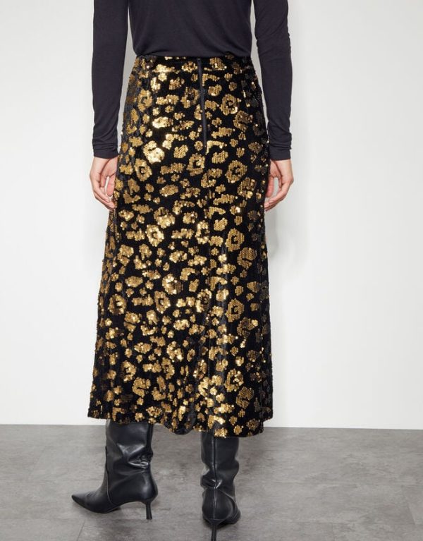 Monsoon Arwen Sequin Leopard Velvet Midi Skirt Black - Image 3