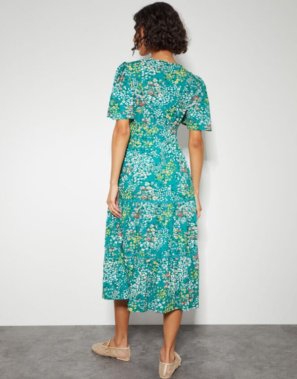 Monsoon Micola Short Sleeve Floral Midi Dress Teal - Image 3