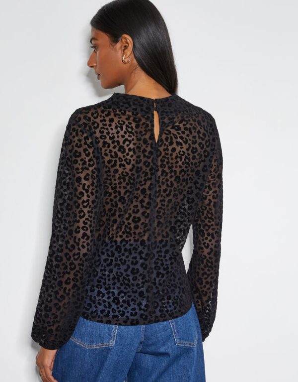 Monsoon Deb Devoré Leopard Print Sheer Top Black - Image 3