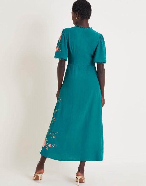 Monsoon Maya Floral Embroidered Midi Dress Teal - Image 3