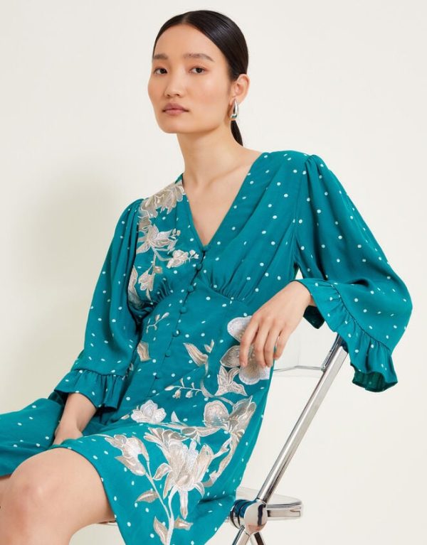 Monsoon Clea Spot Print Embroidered Dress Teal - Image 3