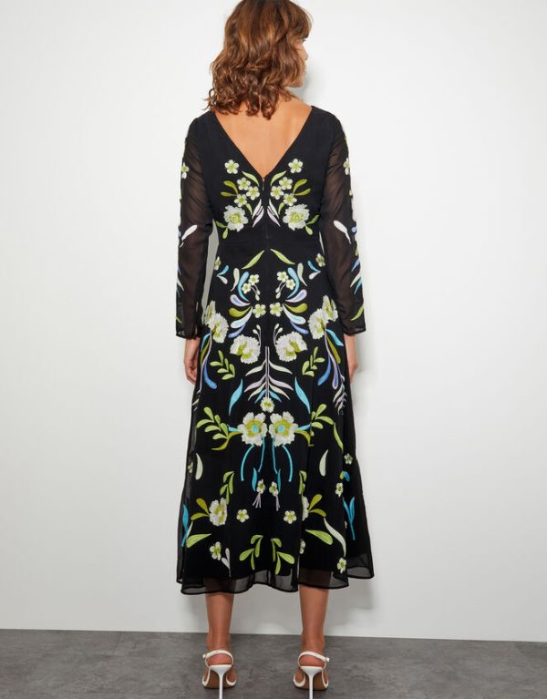 Monsoon Ellen Embroidered Floral Midi Dress Black - Image 3