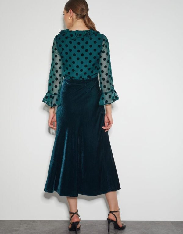 Monsoon Dora Polka Dot Velvet Midi Dress Teal - Image 3