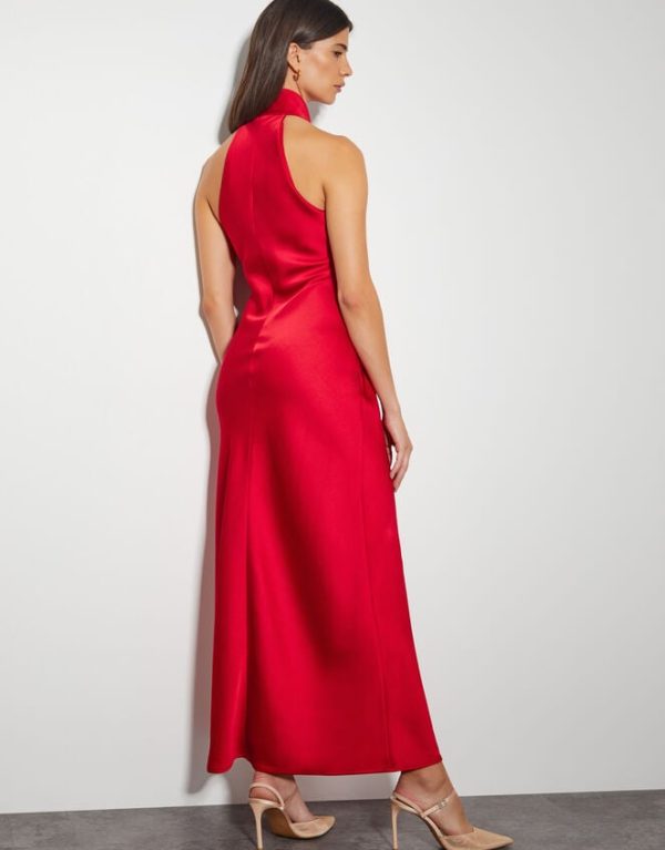 Monsoon Jodie Halter Satin Maxi Dress Red - Image 3