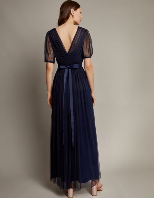 Monsoon Ellie Sheer Sleeve Plunge Tulle Maxi Dress Blue - Image 3