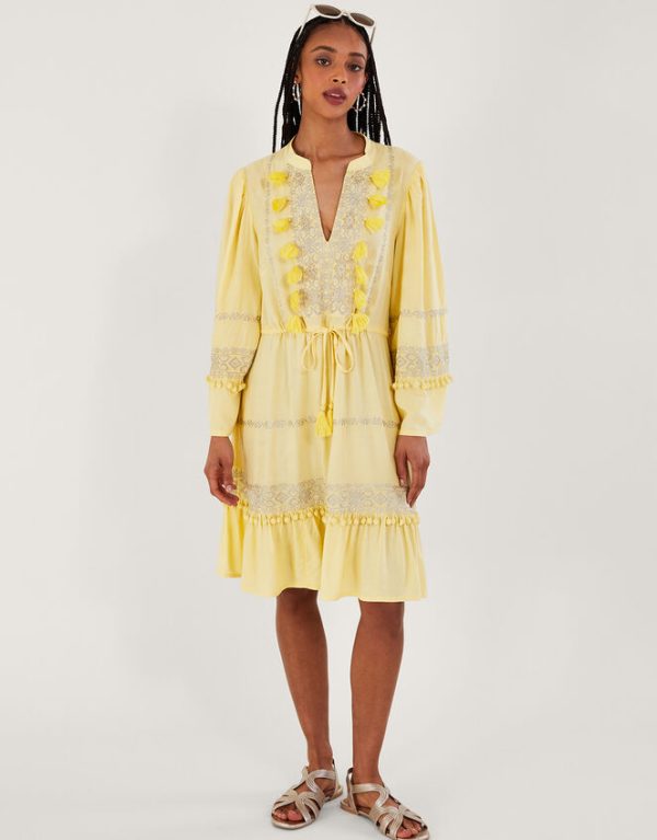 Monsoon Embroidered Pom-Pom Kaftan Dress Yellow - Image 2