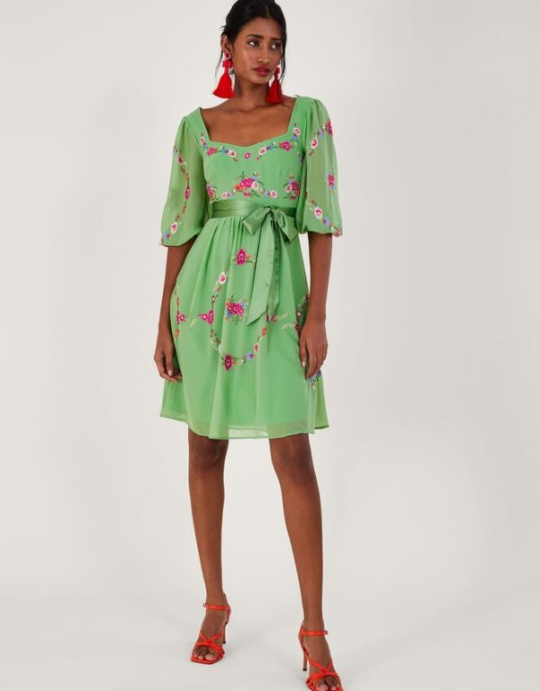 Monsoon Emelia Floral Embroidered Dress in Recycled Polyester Green - Image 2