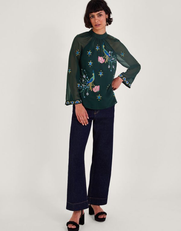 Monsoon Perla Peacock Embellished Blouse Green - Image 2