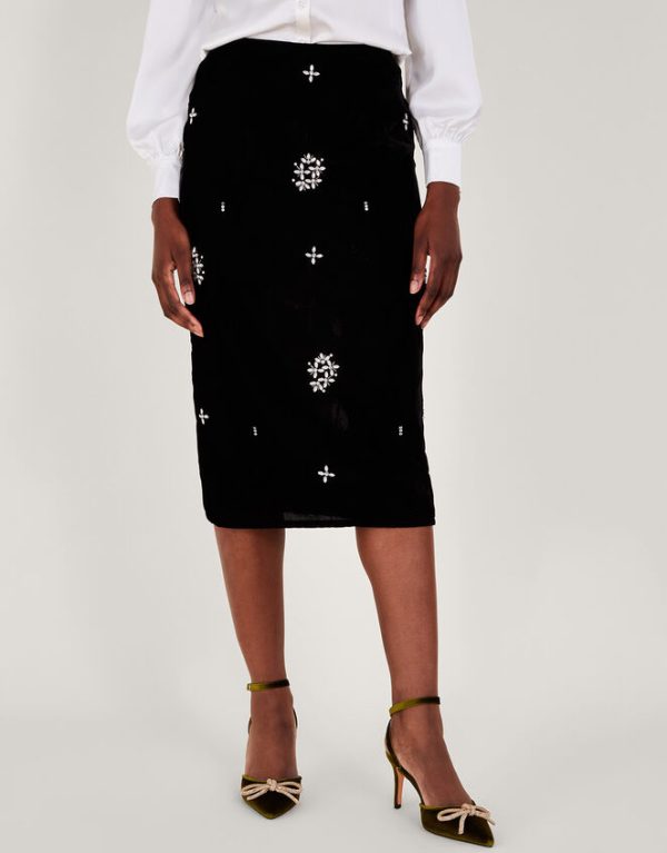 Monsoon Carola Embellished Velvet Skirt Black - Image 3