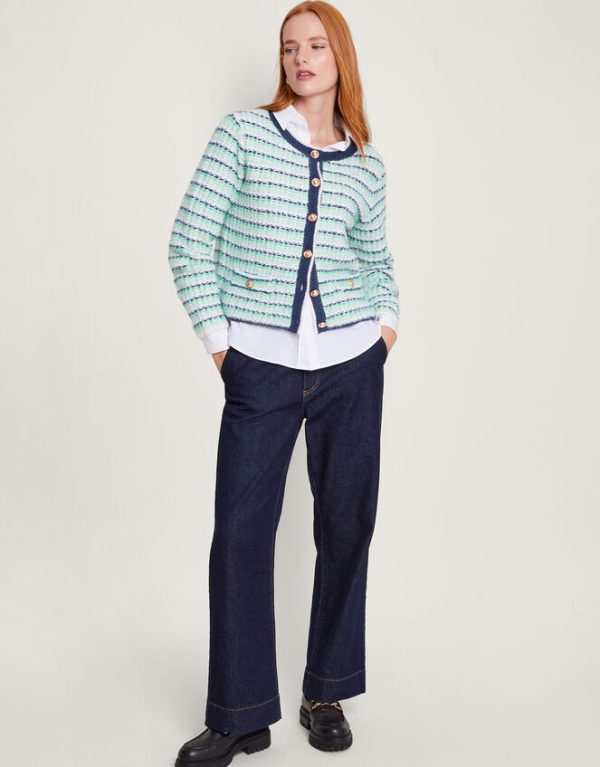 Monsoon Round Neck Stripe Cardigan Green - Image 2