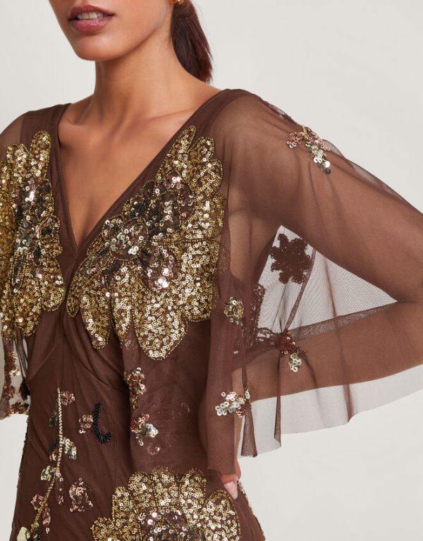 Monsoon Fia Floral Embellished Dress Brown - Image 3