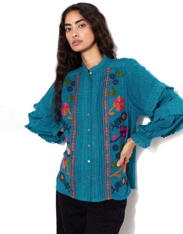 Monsoon East Embroidered Ruffle Sleeve Blouse Green - Image 4