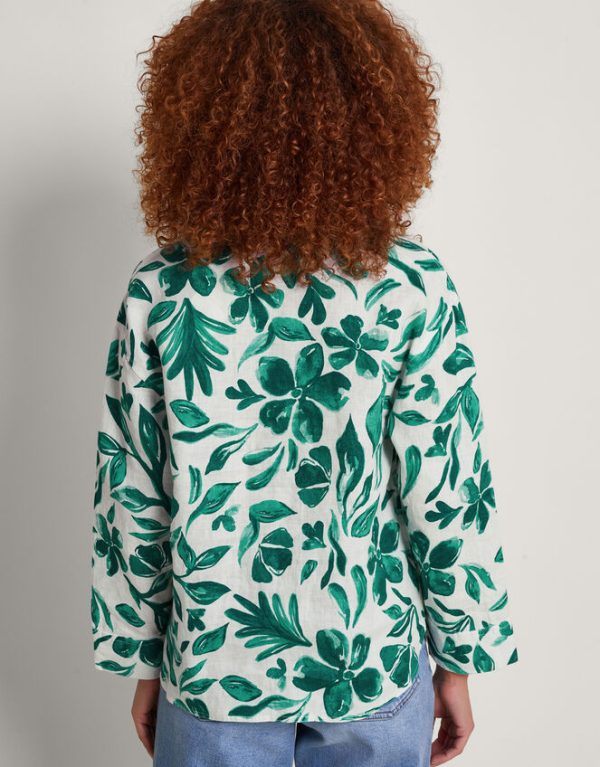 Monsoon Naomi Print Linen Blouse Green - Image 3