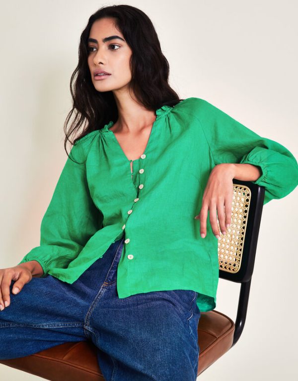 Monsoon Reine Frill Linen Blouse Green - Image 3