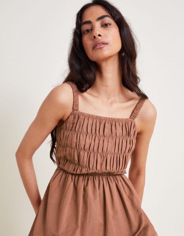 Monsoon Nisha Smocked Sleeveless Midi Dress Brown - Image 4