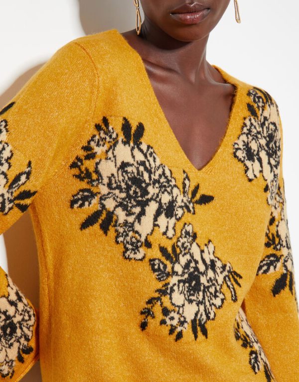 Monsoon Jess V-Neck Floral Jacquard Jumper Yellow - Image 4