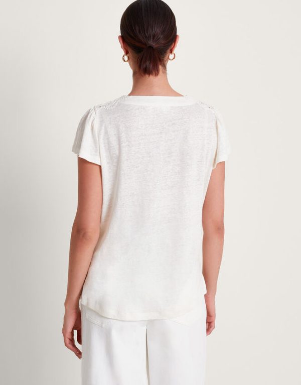 Monsoon Lisa Lace Linen T-Shirt Ivory - Image 3