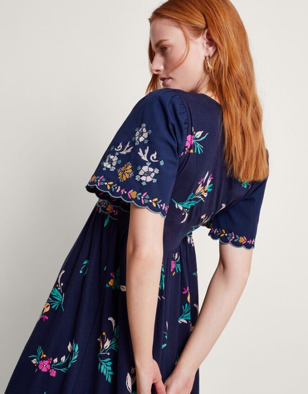 Monsoon Maya Floral Embroidered Midi Dress Blue - Image 3