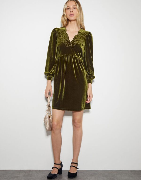 Monsoon Vicki Embroidered Velvet Mini Dress Green - Image 4