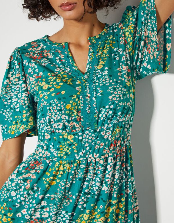 Monsoon Micola Short Sleeve Floral Midi Dress Teal - Image 4