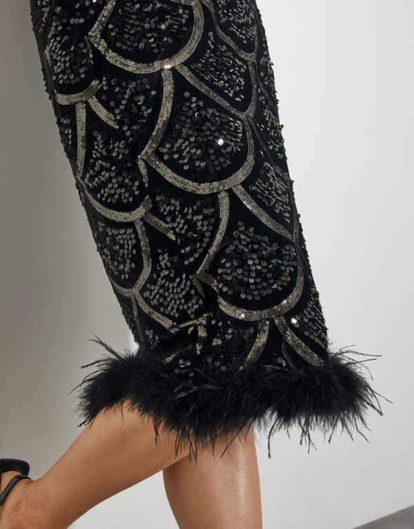 Monsoon Sira Sequin Feather Pencil Skirt Black - Image 4