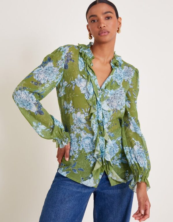 Monsoon Eva Floral Ruffle Blouse Green - Image 4