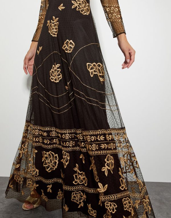 Monsoon Grace Embroidered Mesh Sleeve Maxi Dress Black - Image 4