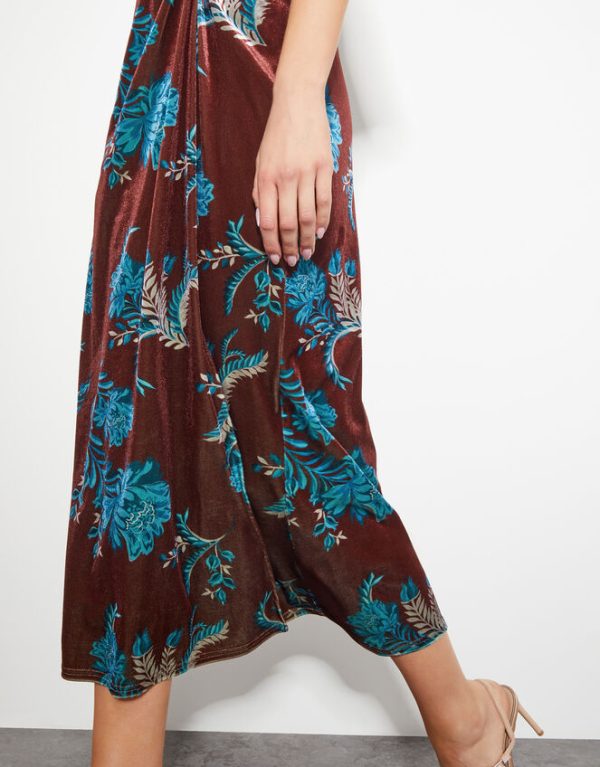 Monsoon Sassa Floral Velvet Cowl Midi Dress Brown - Image 4