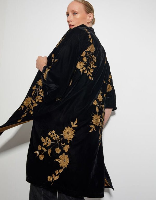 Monsoon Kendra Embroidered Floral Velvet Kimono Black - Image 4