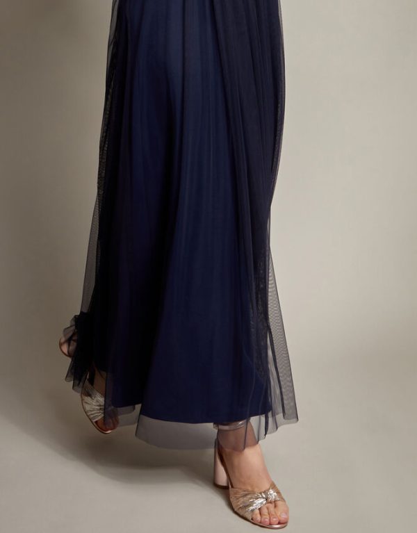 Monsoon Ellie Sheer Sleeve Plunge Tulle Maxi Dress Blue - Image 4