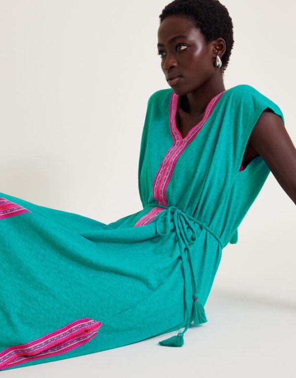 Monsoon Estela Embroidered Jersey Kaftan Dress Teal - Image 4