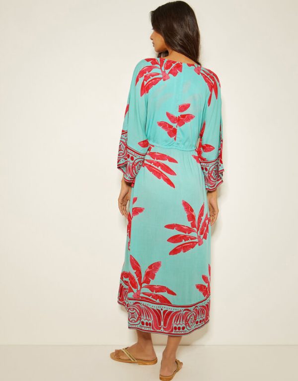 Monsoon Pamela Palm Print Kaftan Dress Green - Image 4