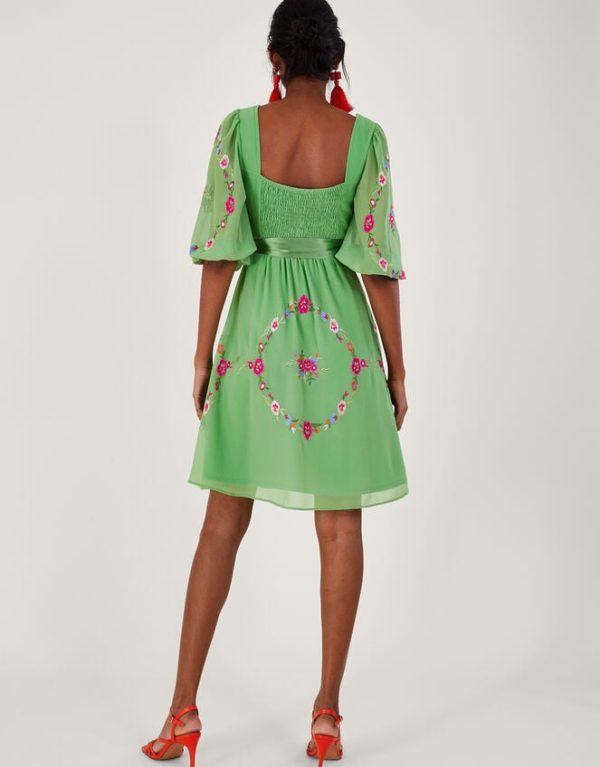 Monsoon Emelia Floral Embroidered Dress in Recycled Polyester Green - Image 3