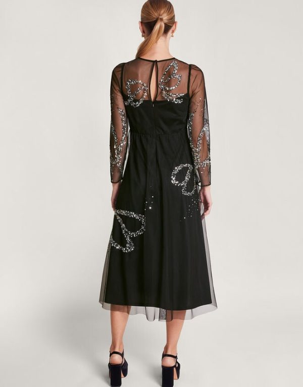 Monsoon Sophie Sheer Sequin Bow Midi Dress Black - Image 4