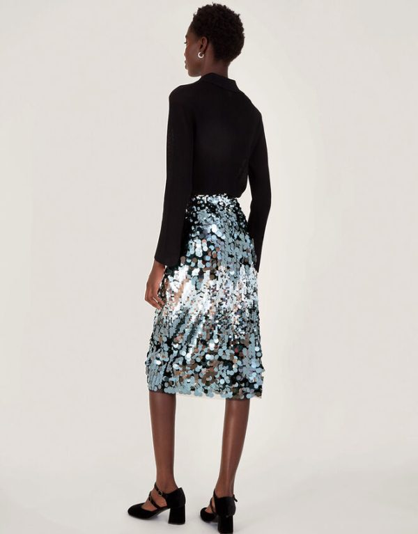 Monsoon Sia Sequin Midi Skirt Silver - Image 4