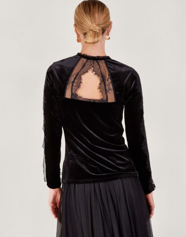 Monsoon Vanya Lacy Velvet Long Sleeve Top Black - Image 3