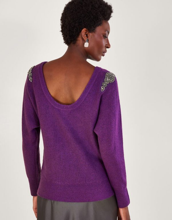 Monsoon Emma Scoop Back Embellished Jumper Purple - Image 3