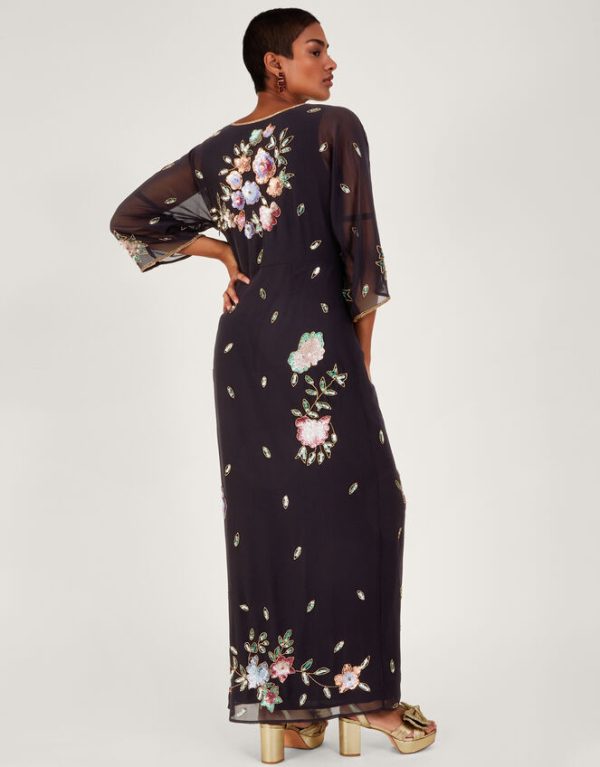 Monsoon Josie Embroidered Wrap Dress Black - Image 3