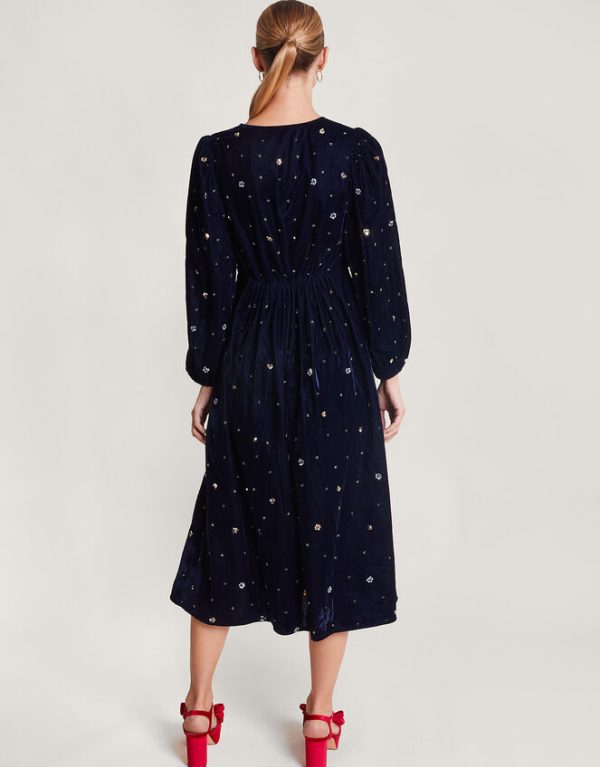 Monsoon Dakota Embellished Velvet Dress Blue - Image 3