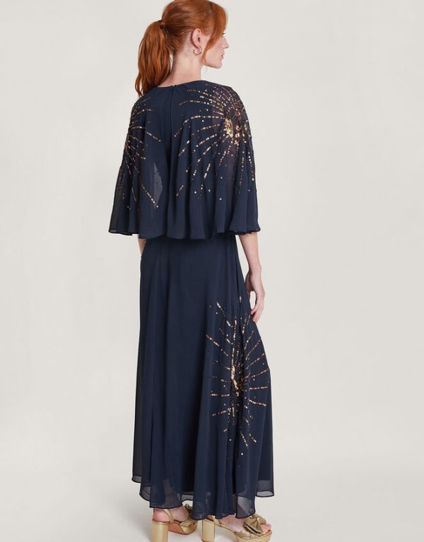 Monsoon Ella Embellished Cape Dress Blue - Image 3