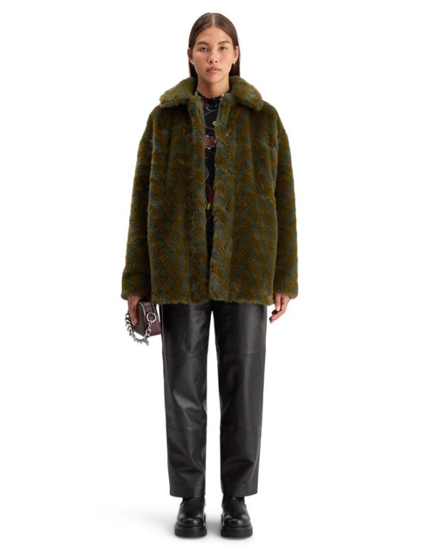 Monsoon Scotch and Soda A-Line Chevron Faux Fur Coat Green - Image 5