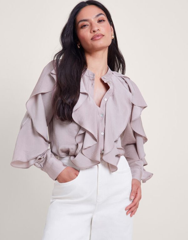 Monsoon Lola Satin Ruffle Blouse Mink - Image 4