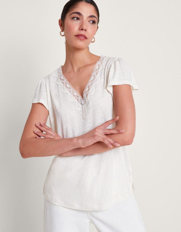 Monsoon Lisa Lace Linen T-Shirt Ivory - Image 4