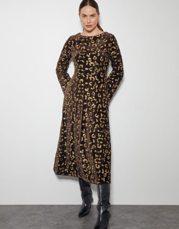 Monsoon Arwen Sequin Leopard Velvet Midi Dress Brown - Image 5