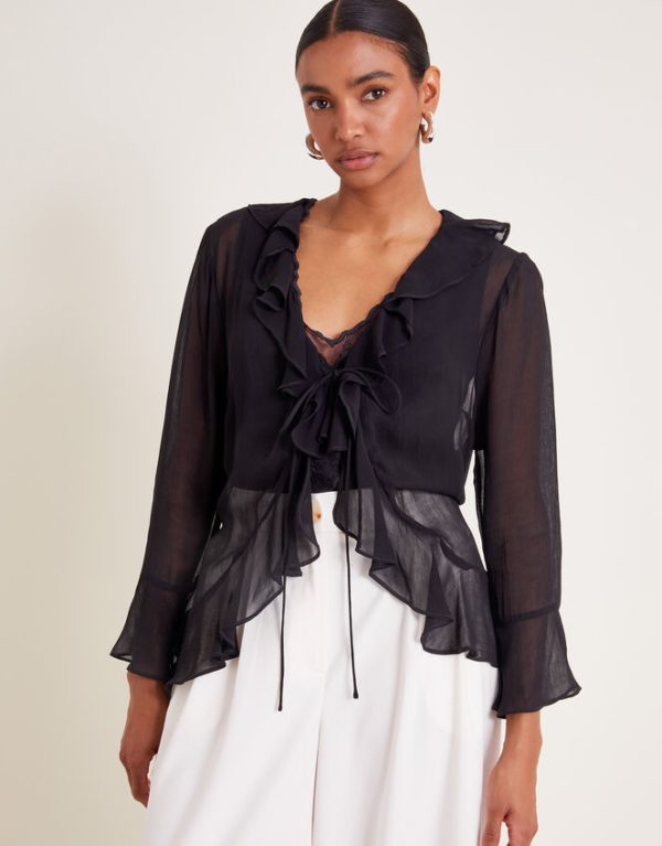 Monsoon Fiona Sheer Frill Tie-Front Blouse Black - Image 5