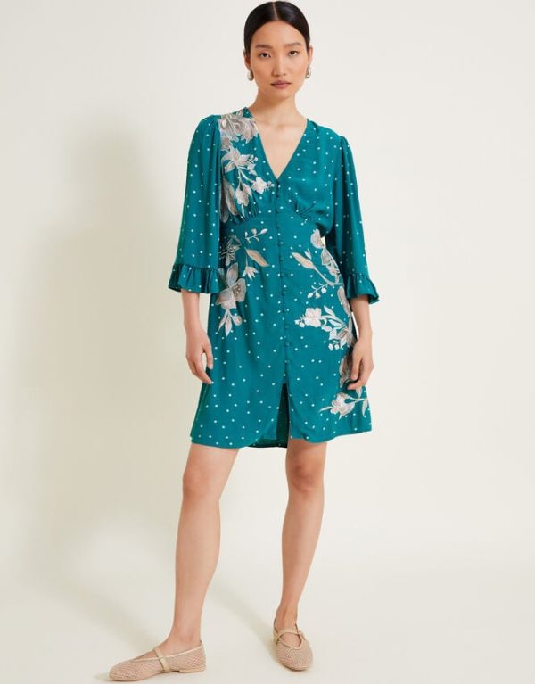 Monsoon Clea Spot Print Embroidered Dress Teal - Image 5