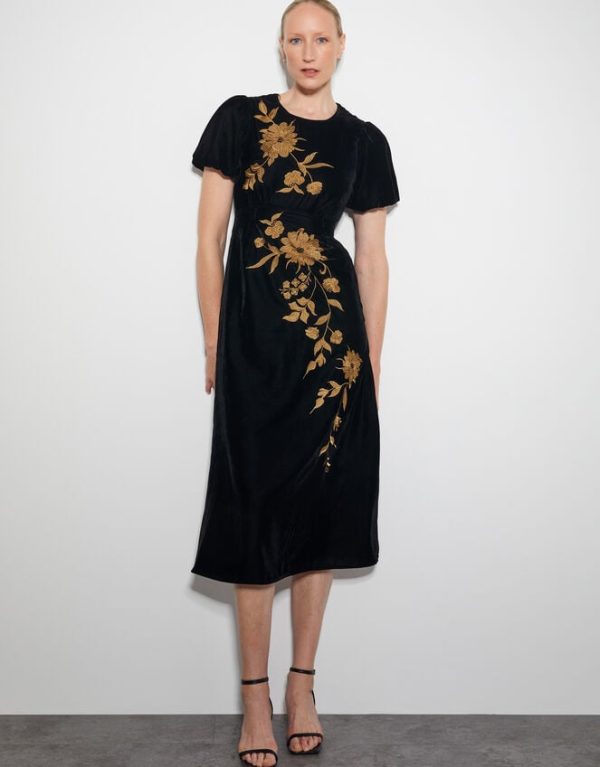 Monsoon Kendra Embroidered Floral Velvet Midi Dress Black - Image 5