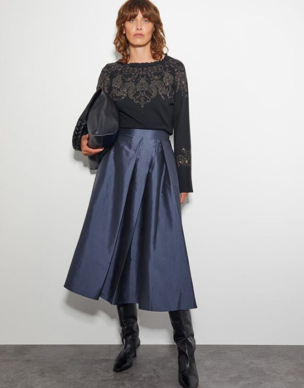 Monsoon Tanya Taffeta Pleated Midi Skirt Blue - Image 5